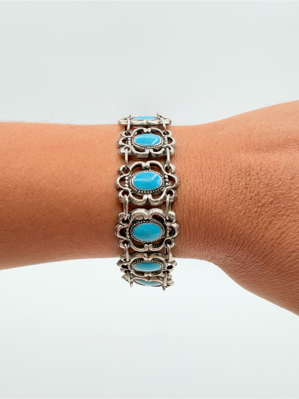 Vintage Silver Tone Blue Enamel Link Bracelet Boho Statement